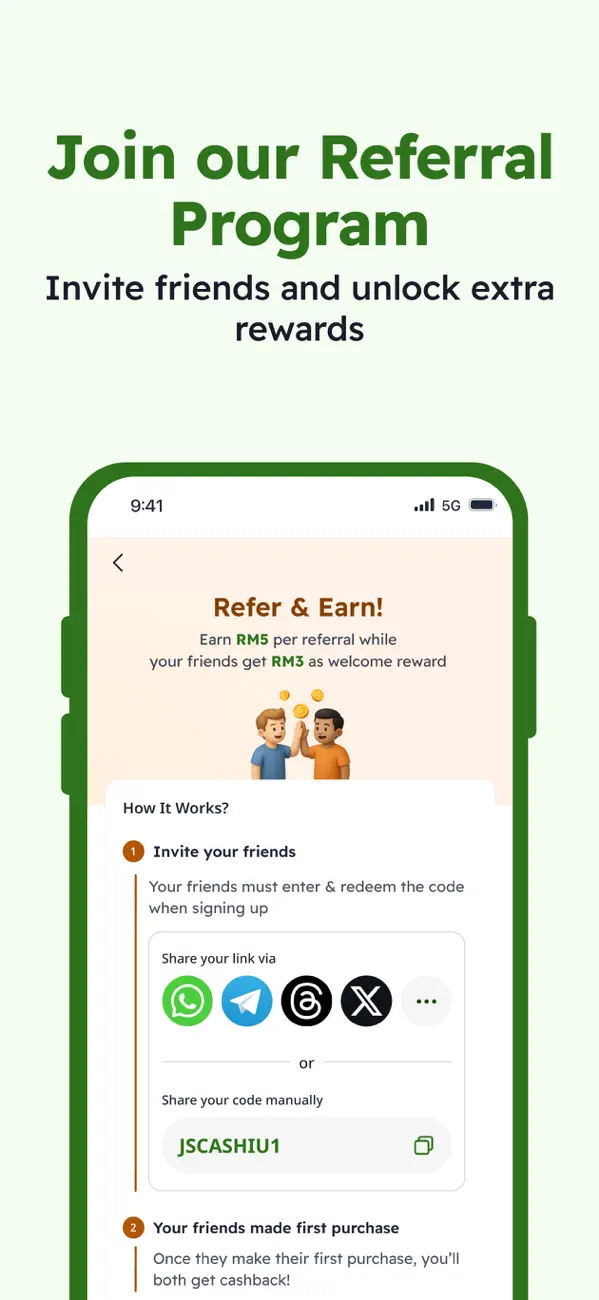 Cashiu referral screen explaining invite rewards and code sharing