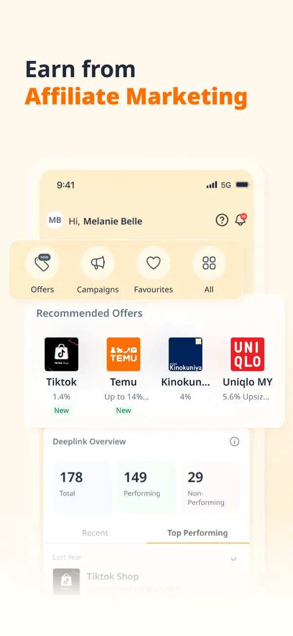 Involve Asia app overview with affiliate offers and deeplink performance